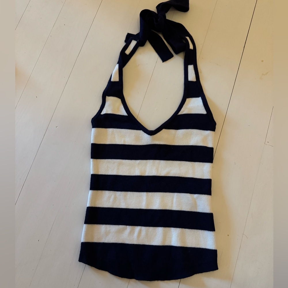 Frankie's Bikinis Navy and White Striped Halter Tank